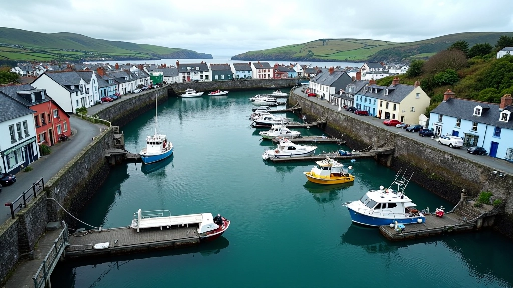 Map view of Dingle harbour showing the walking loop path marked in blue with three cafe locations highlighted along the route