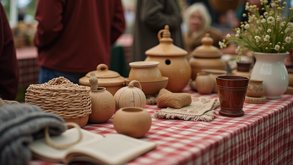 Display of handmade crafts and local artisan products in a shop window