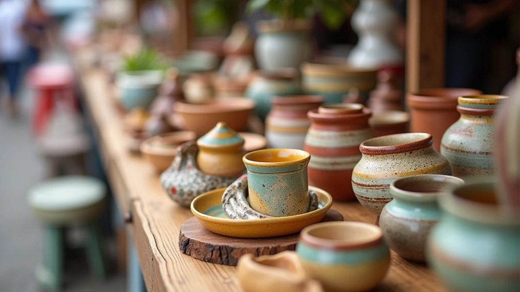 Colorful handmade craft items and pottery on display at market stall