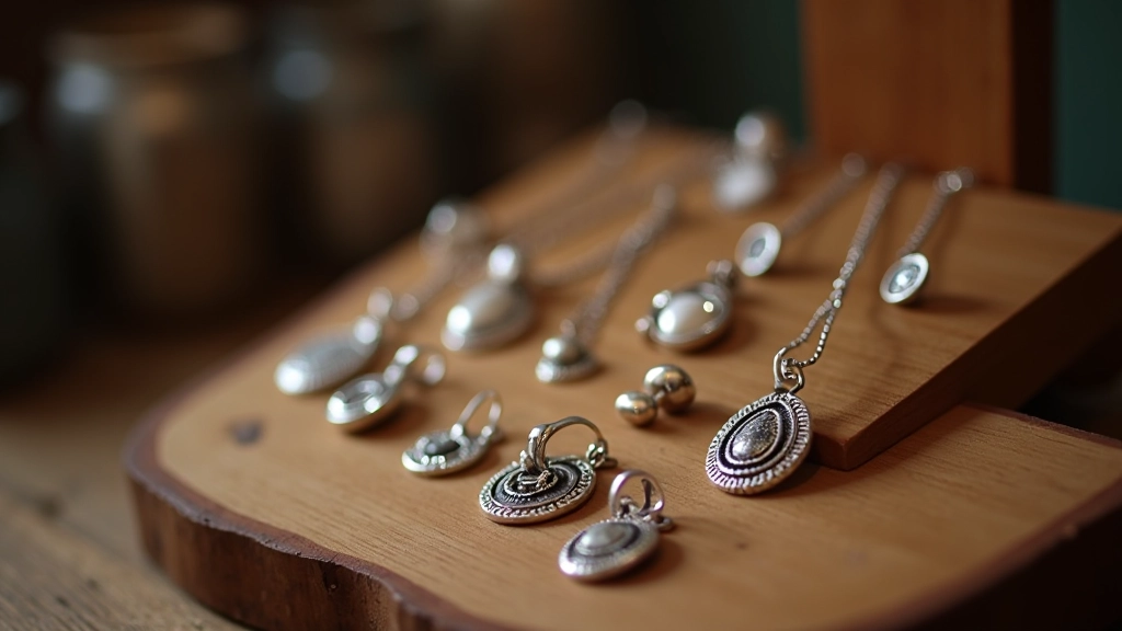 Close-up of handmade silver jewellery displayed on wooden stand with soft natural lighting