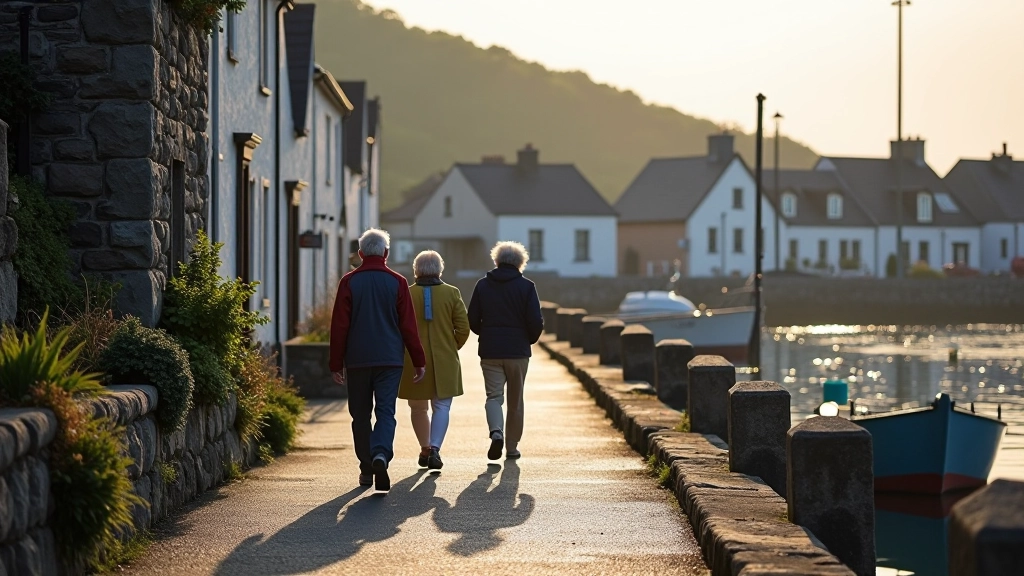 Dingle harbour village with seniors enjoying a guided walking tour